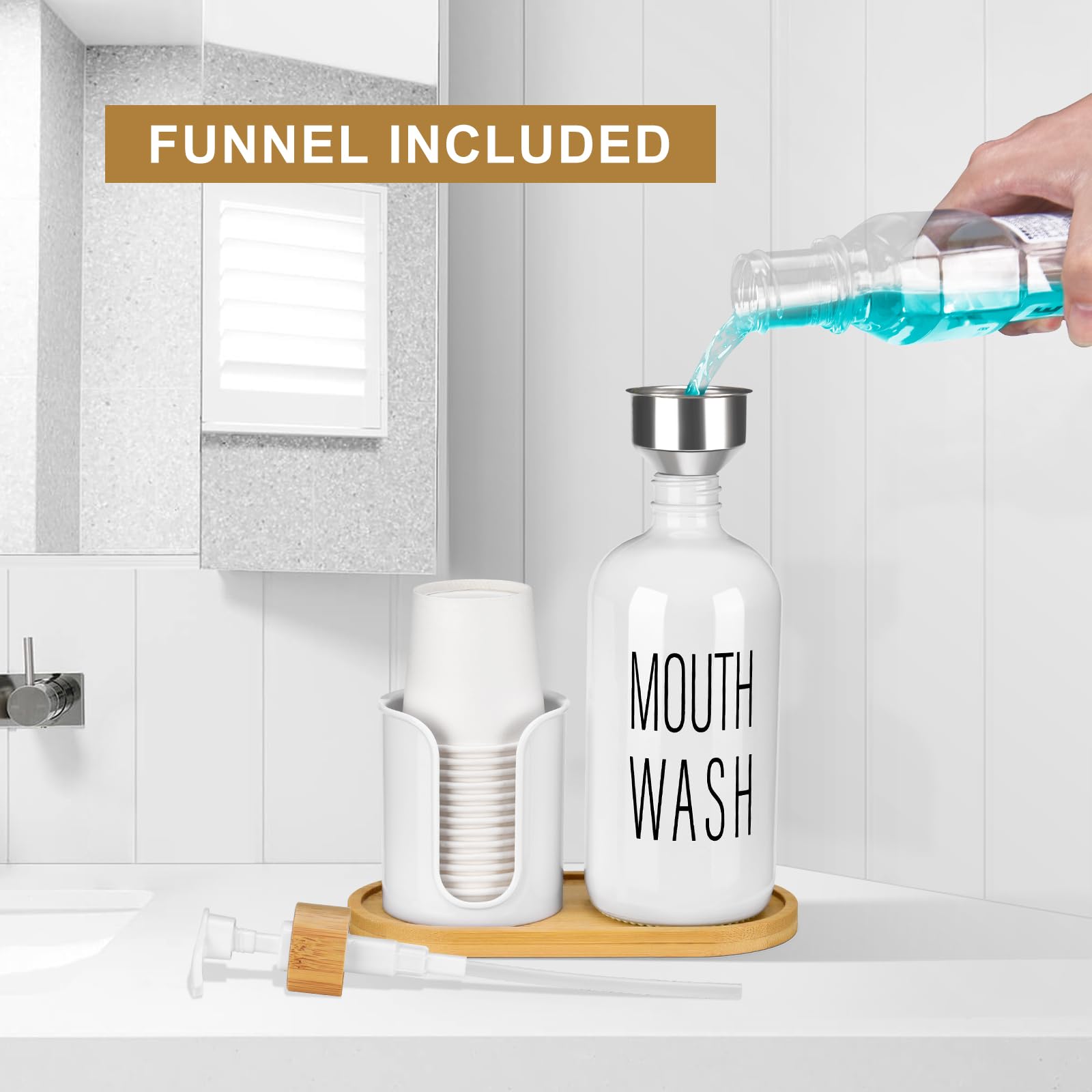 Byaway Glass Mouthwash Dispenser With Cup Holder - 16 Oz Pump Bottle White Mouthwash Container For Bathroom - 14 Mouthwash Cups,